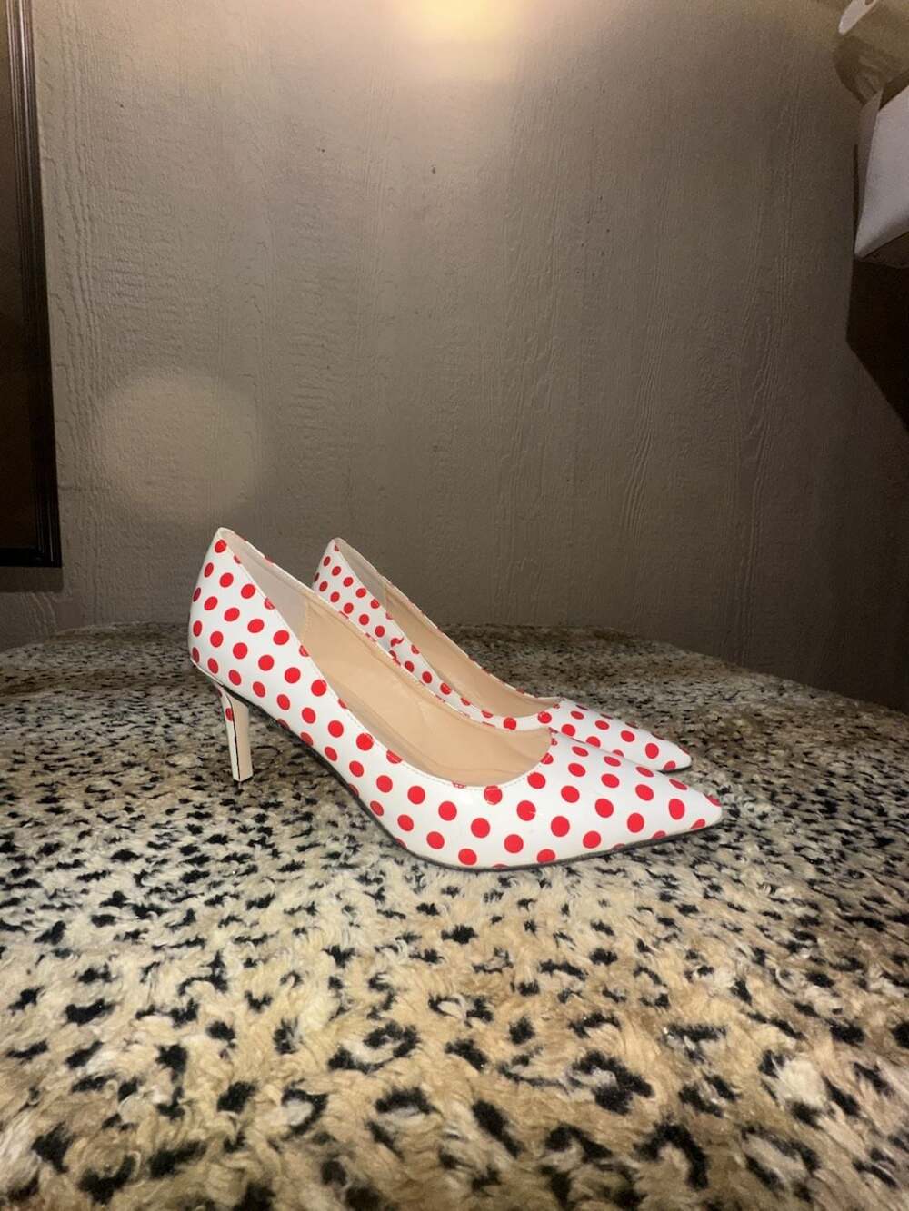 YDN Women Pointed Toe Red and White Polka Dot Stiletto Heel Pumps